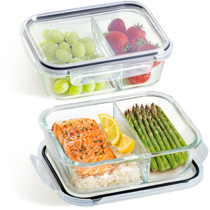 Praknu Meal Prep Boxen Glas 2 Fächer - 2er Set Glass Meal Prep Containers 1l - Luftdicht - Geeignet