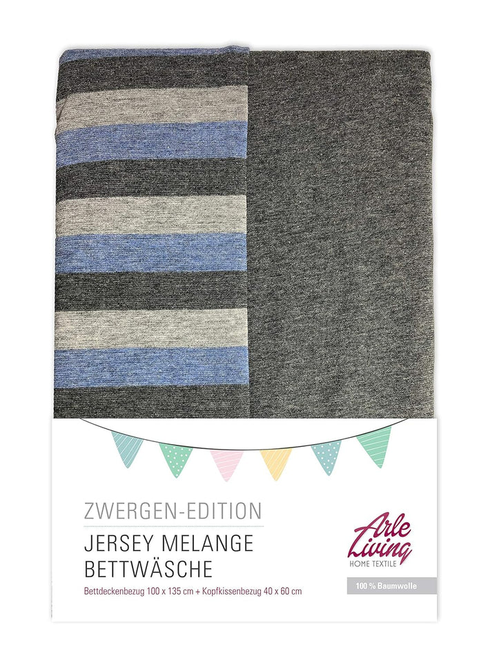 Arle-Living Baby Melange Jersey Bettwäsche Streifen/Uni - 100x135 cm + 40x60 cm meliert (blau-grau),