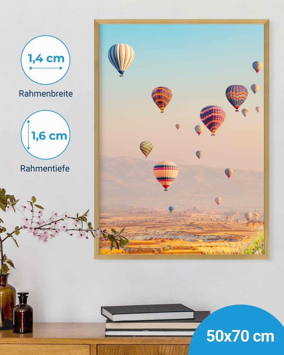 PHOTOLINI Bilderrahmen 50x70 cm Gold MDF-Holz Posterrahmen, bruchsicheres Acrylglas, zum Aufhängen,