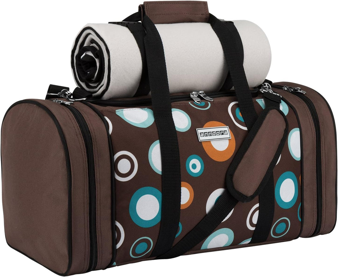 anndora Picknick Kühltasche inkl. Picknick Decke Geschirr Besteck für 4 Personen braun hellblau 3337