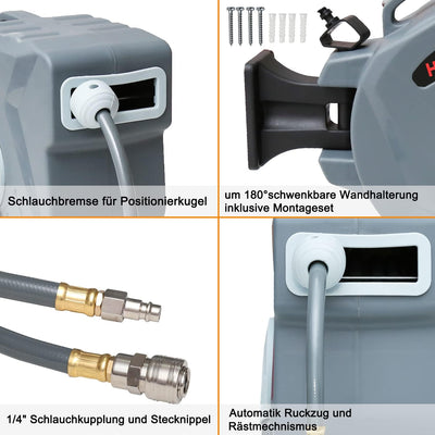 Lospitch Druckluftschlauch Aufroller automatisch 20m Schlauchtrommel 1/4" Anschluss Wandschlauchhalt