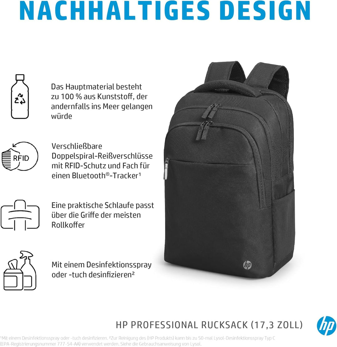 HP Professional 17,3 Zoll Laptop-Rucksack, wasserabweisend, RFID-Schutz, recycelte Materialien, vers