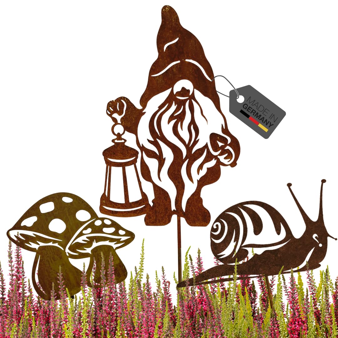 Terma Stahldesign Rostfigur Gartenstecker dreier Set Herbst Zwerg mit Schnecke und Pilz mit Spiess 4