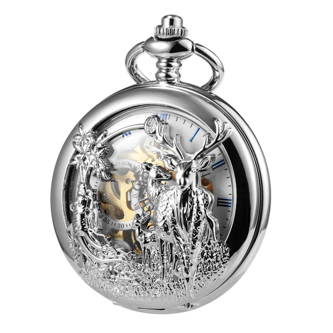 TREEWETO Unisex Taschenuhr Analog Handaufzug Retro Rentier Skelett Römische Taschenuhren mit Kette f