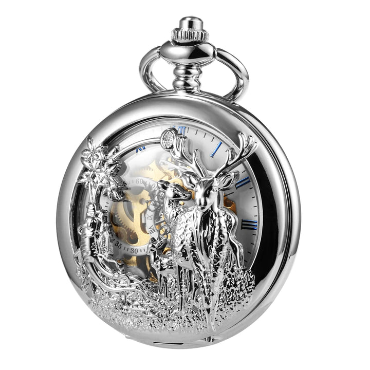 TREEWETO Unisex Taschenuhr Analog Handaufzug Retro Rentier Skelett Römische Taschenuhren mit Kette f