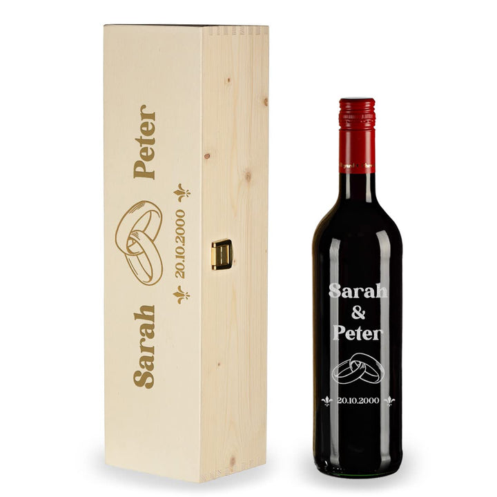 2-TLG Wein Geschenkset - personalisierte 0,7 L Weinflasche und Kiste aus Holz - perfekt für Hochzeit