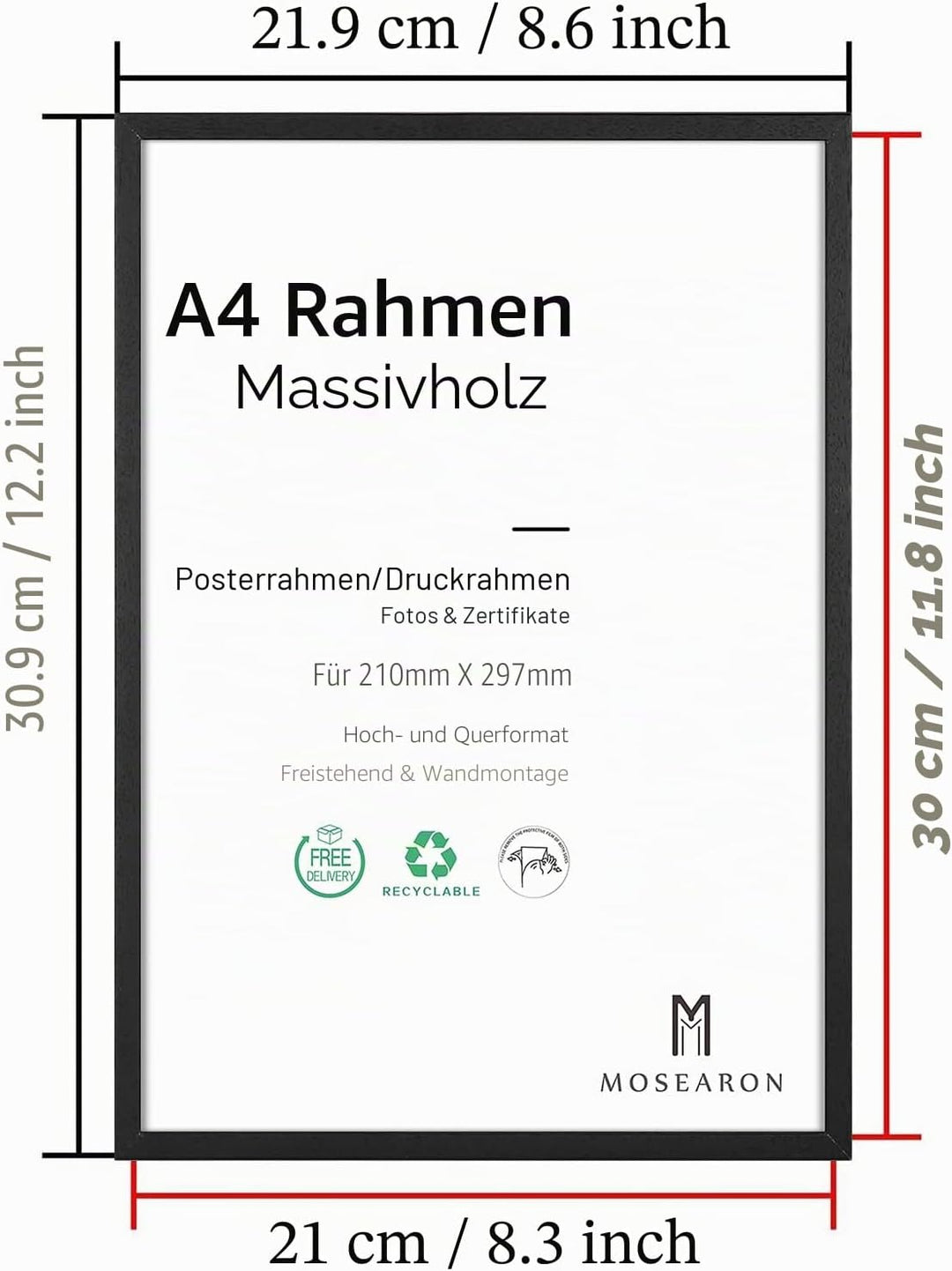 A4 Holz Fotorahmen,4 Pack-21x30cm Schwarz Holz Bilderrahmen,Zertifikat Rahmen für Wandmontage oder T