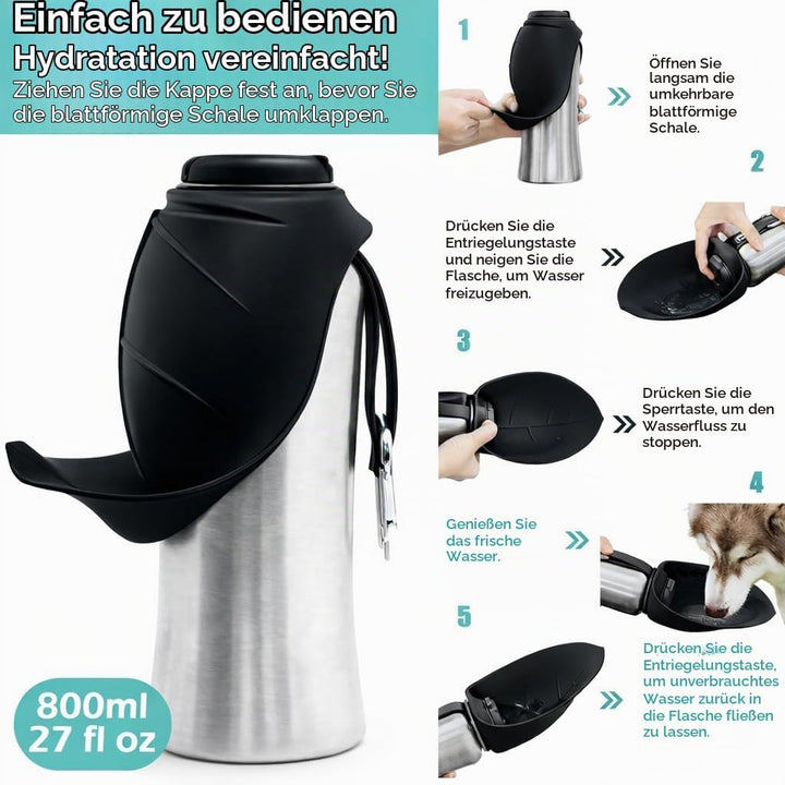 Hundetrinkflasche für unterwegs, 800ml Edelstahl Trinkflasche Hund, Tragbare Haustier Wasserflasche,