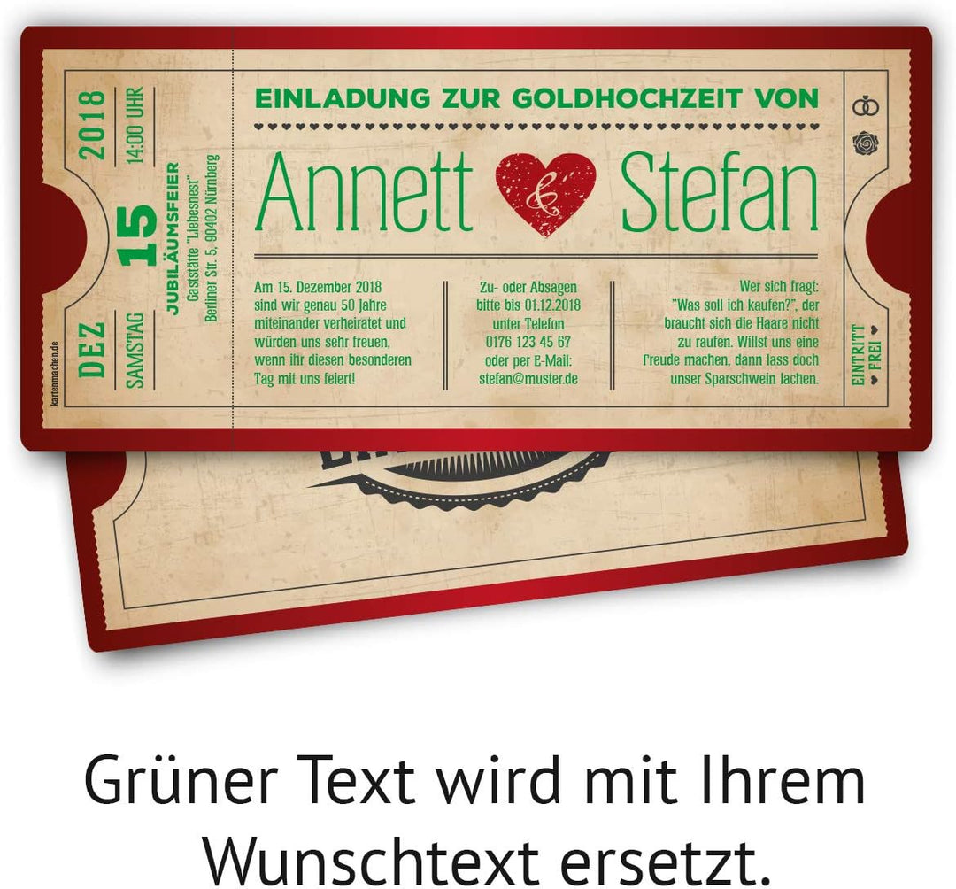 Personalisierte Goldhochzeit Hochzeitseinladungen goldene Hochzeit Einladungskarten als Ticket mit e
