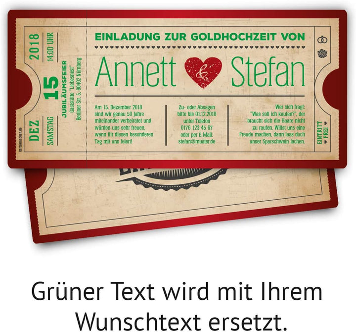 Personalisierte Goldhochzeit Hochzeitseinladungen goldene Hochzeit Einladungskarten als Ticket mit e