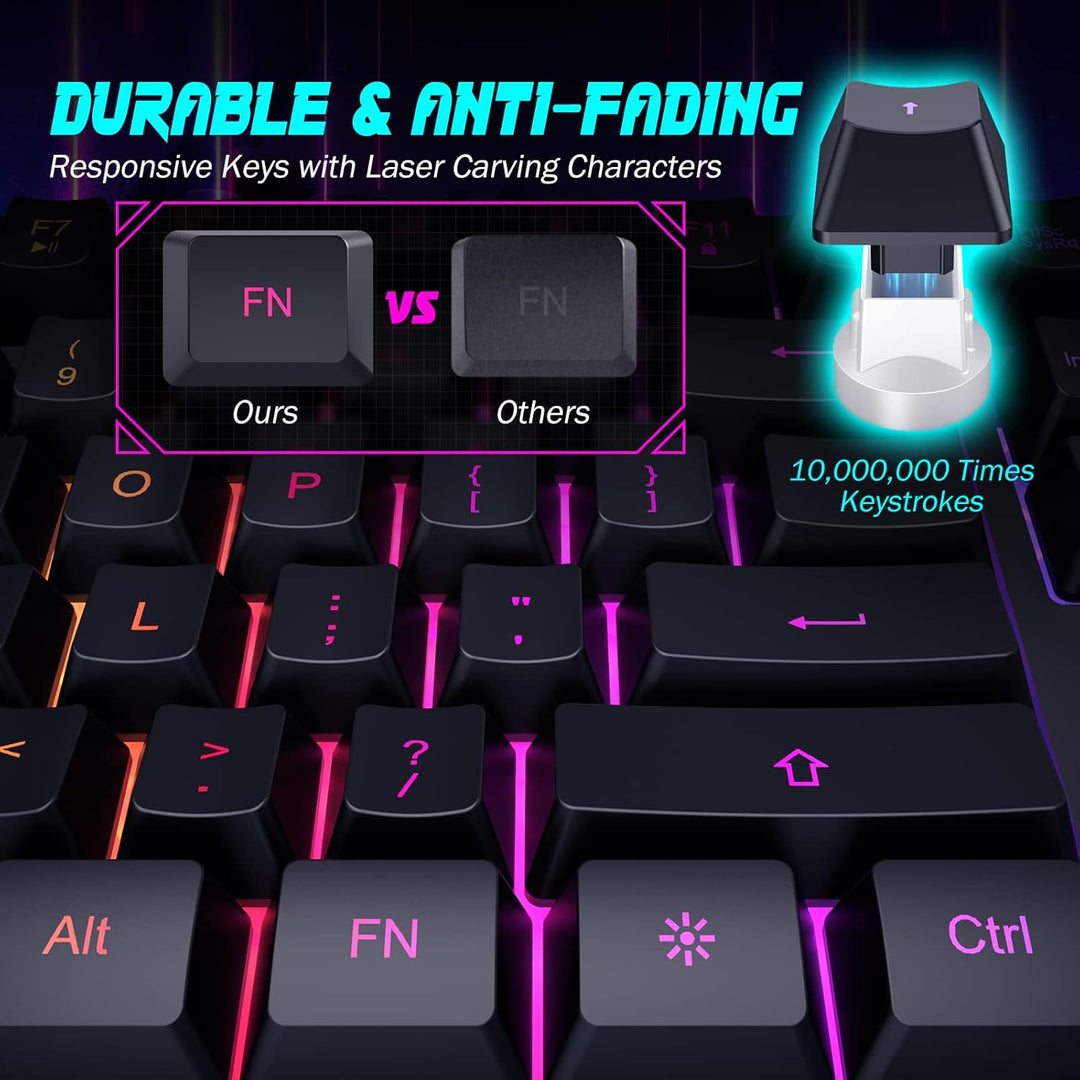 yesbeaut Gaming-Tastatur, 7-farbige Regenbogen-LED-Hintergrundbeleuchtung, 104 Tasten, leise beleuch