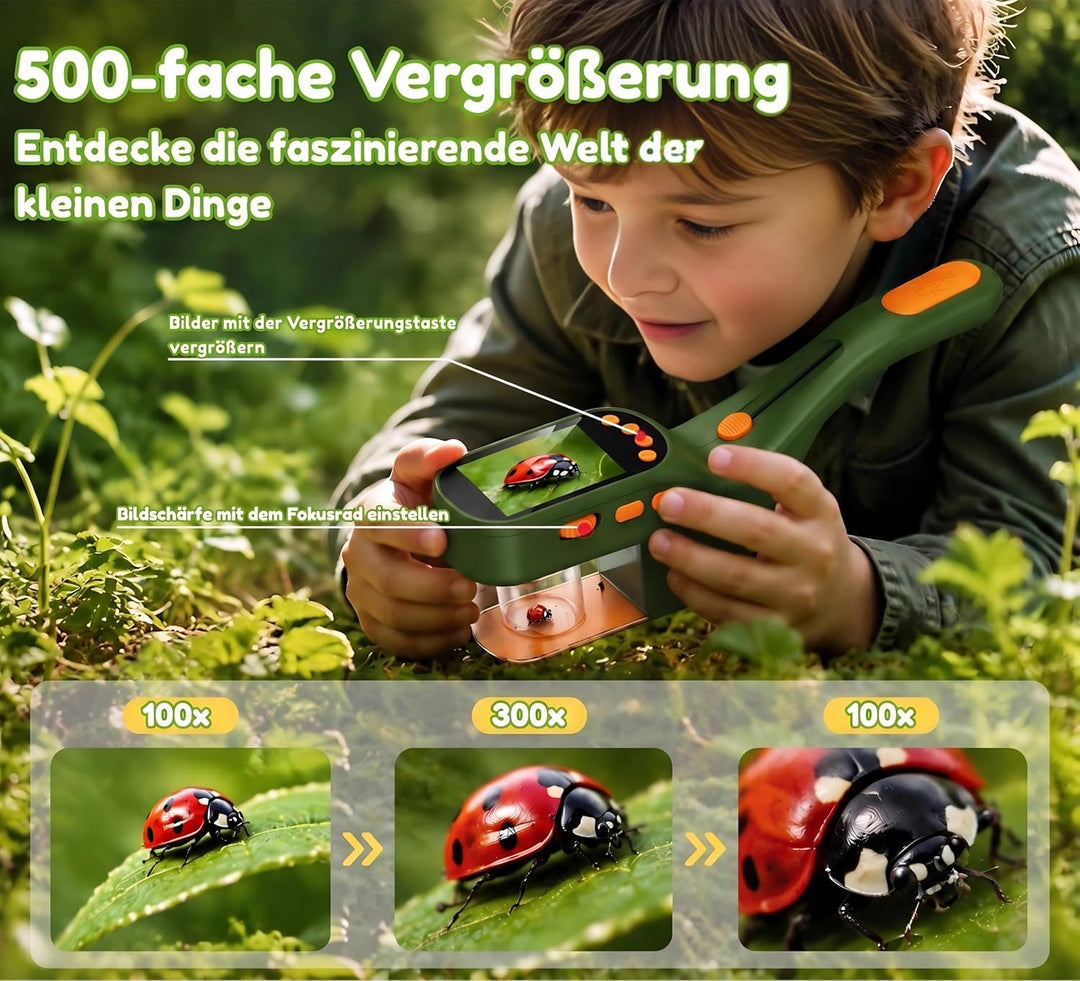 3-in-1 Insektenfänger für Kinder, Mikroskop für Kinder mit 2,4-Zoll-IPS-Display, 500X Vergrösserung