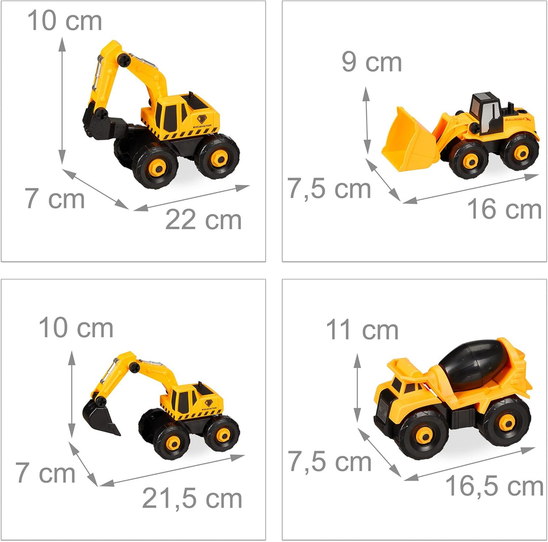 Relaxdays Baustellenfahrzeuge Kinder, 6-TLG. Set, Bagger Spielzeug, DIY, Schraubendreher, Box, ab 3