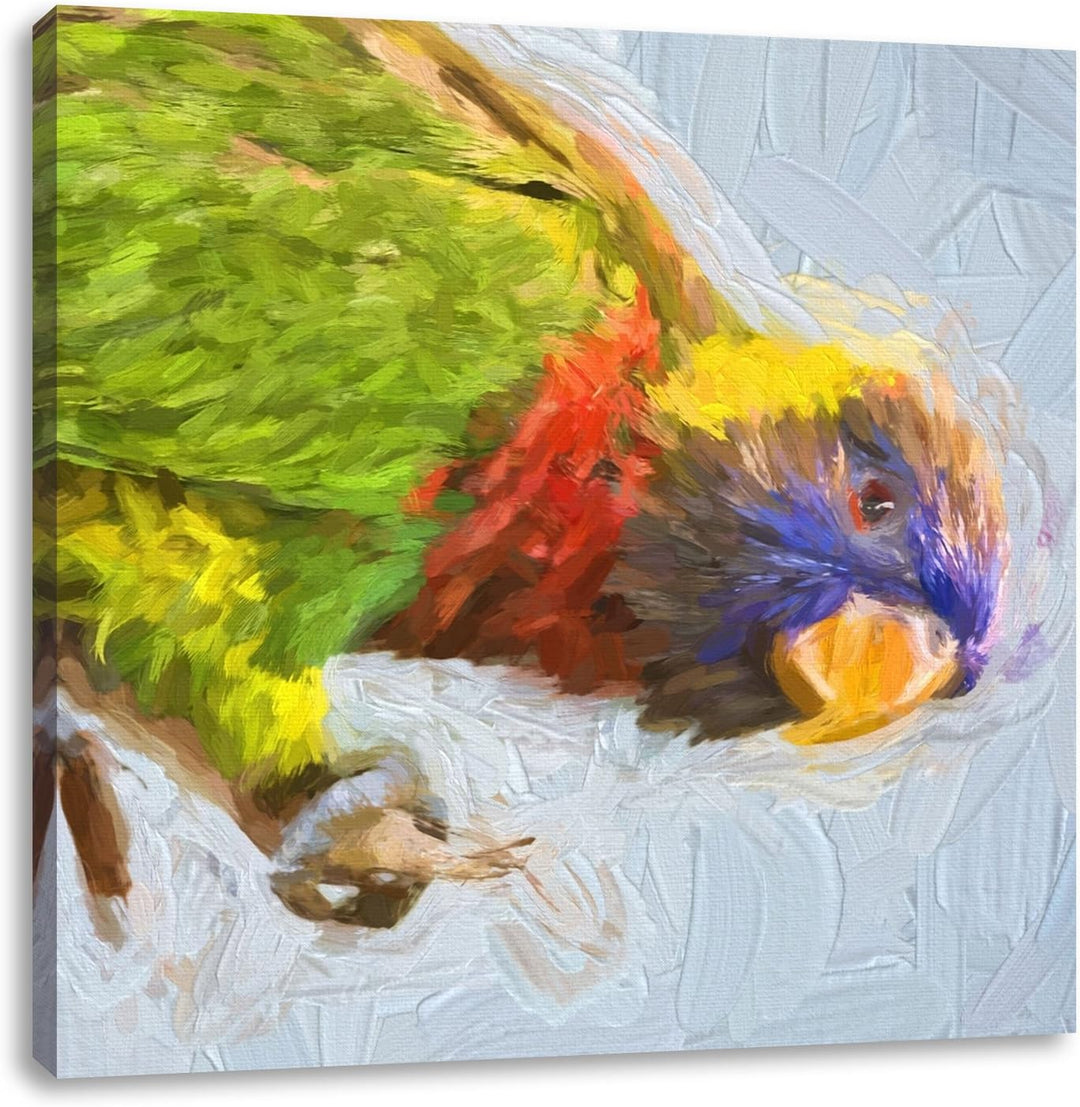 Pixxprint Farbenfroher Papagei auf AST als Leinwandbild | Grösse: 70x70 cm | Wandbild | Kunstdruck |