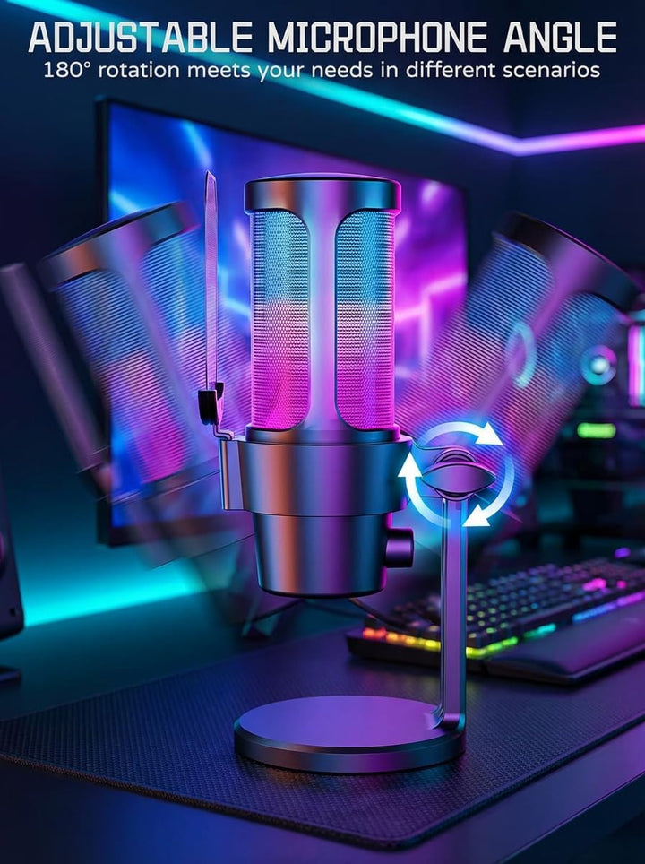 USB Gaming Mikrofon mit Ständer Plug & Play PC Mikrofon mit Mute-Taste, RGB-Beleuchtung, Pop-Filter