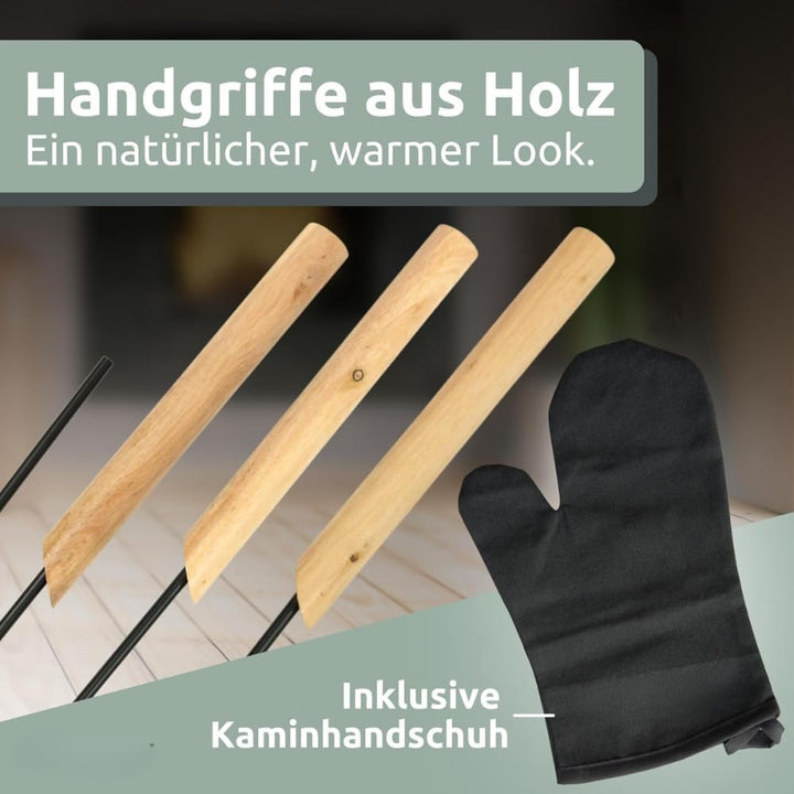 Kaminbesteck modern THEO | 6-teilig mit Holzgriff | Schürhaken Besen Ascheschaufel | Kamingarnitur S