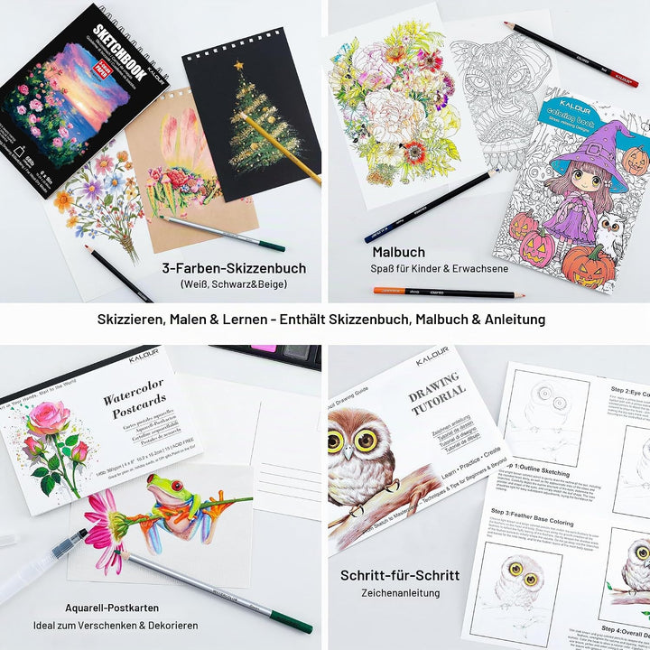 KALOUR Art Set, 140 Pieces Drawing and Painting Supplies, Colored Pencils, Watercolor, Sketchbook, C