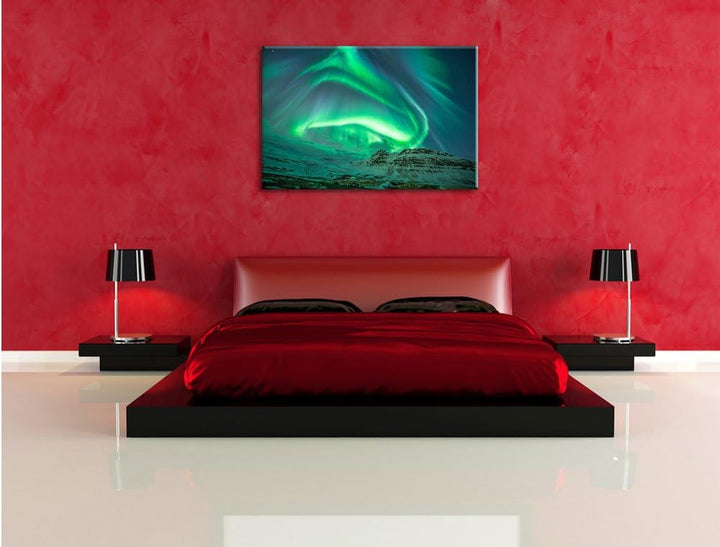 Nordlichter über Island, Format: 100x70 auf Leinwand, XXL riesige Bilder fertig gerahmt mit Keilrahm