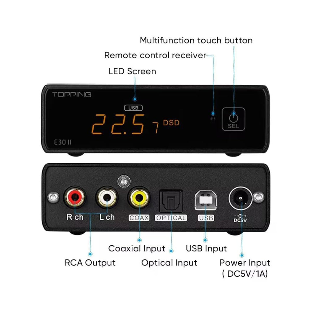 TOPPING E30II Lite HiFi DAC 1×AK4493S 32bit/768kHz XMOS XU208 USB/Opt/Coax Eingang RCA Ausgang Home