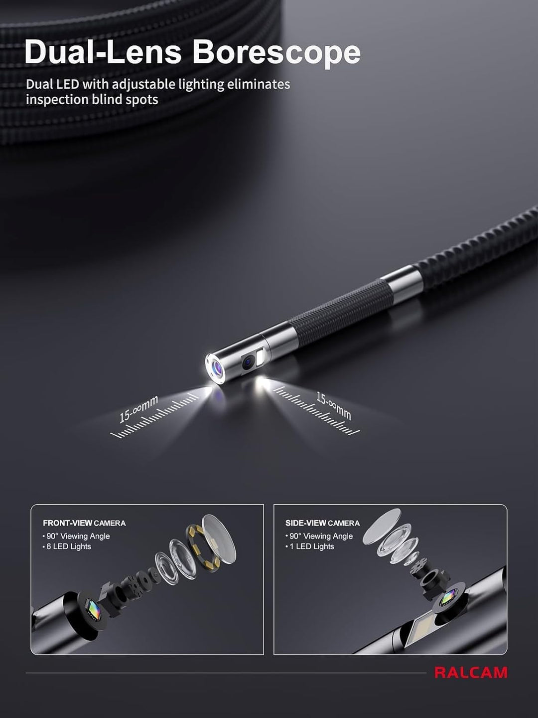 Ralcam Endoskopkamera mit Licht, Endoscope Camera mit 360° beweglichem Kopf, 6,5mm Dual-Sonde, 5" HD