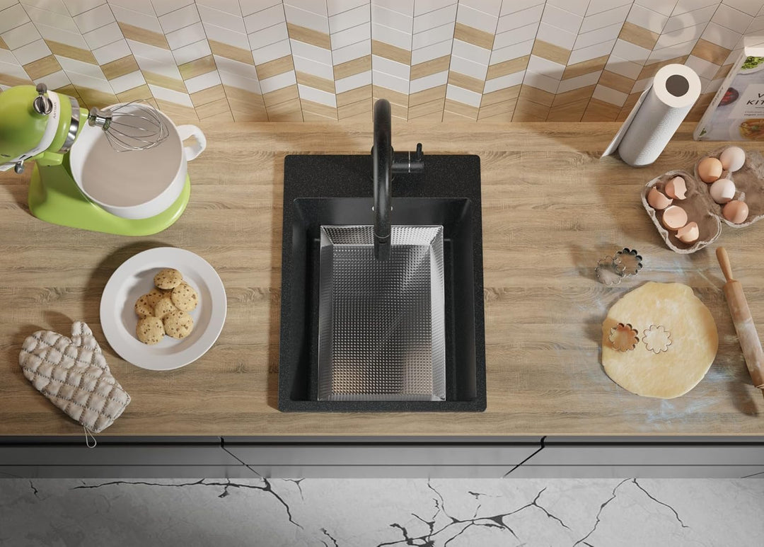 Spülbecken Graphit 38x50 cm, Granitspüle 1 Becken + Ablauf-Set, Küchenspüle ab 40er Unterschrank, Ei