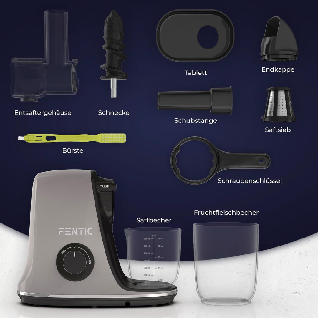 Fentic Slow Juicer – Entsafter Gemüse und Obst – Horizontale Saftpresse Elektrisch mit Rückwärts-Fun