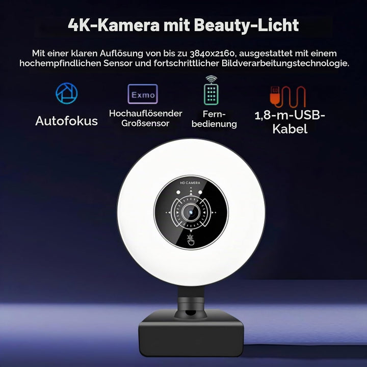 Webcam 4K mit Licht für PC USB 30FPS Webkamera mit Mikrofon AF Auto-Fokus, 3 Einstellbare Helligkeit