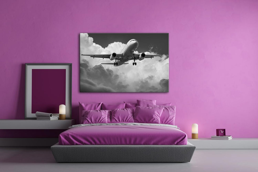 Flugzeit in den Wolken Effekt: Schwarz/Weiss im Format: 80x60 als Leinwandbild, Motiv fertig gerahmt