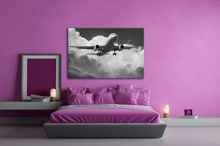 Flugzeit in den Wolken Effekt: Schwarz/Weiss im Format: 80x60 als Leinwandbild, Motiv fertig gerahmt