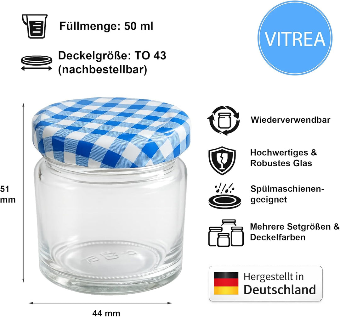 Vitrea 25x Mini Marmeladengläser 50 ml - mit Deckel Blau Kariert TO 43 - kleine Einmachgläser zum be