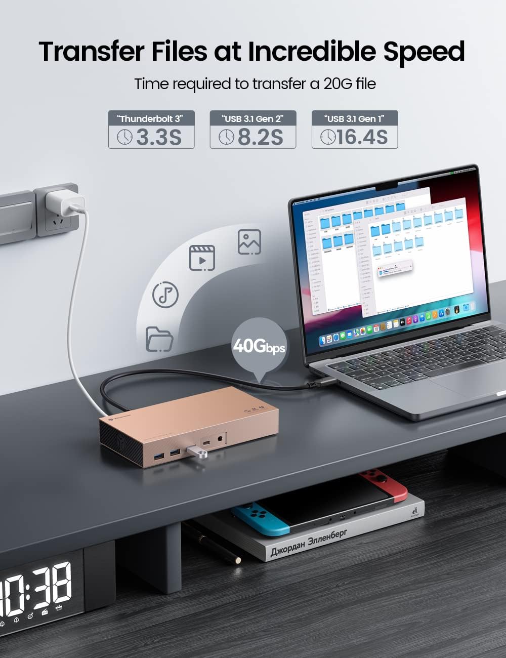 Yottamaster Thunderbolt 3 Docking Station Dual Monitor mit Dual 4TB NVMe/SATA Gehäuse, 11 in 1 USB C