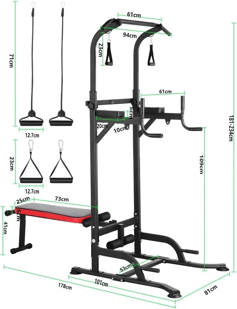 Power Tower multifunktional mit klappbarem Hantelbank, Dip Station Klimmzugstange, Krafttraining Gan