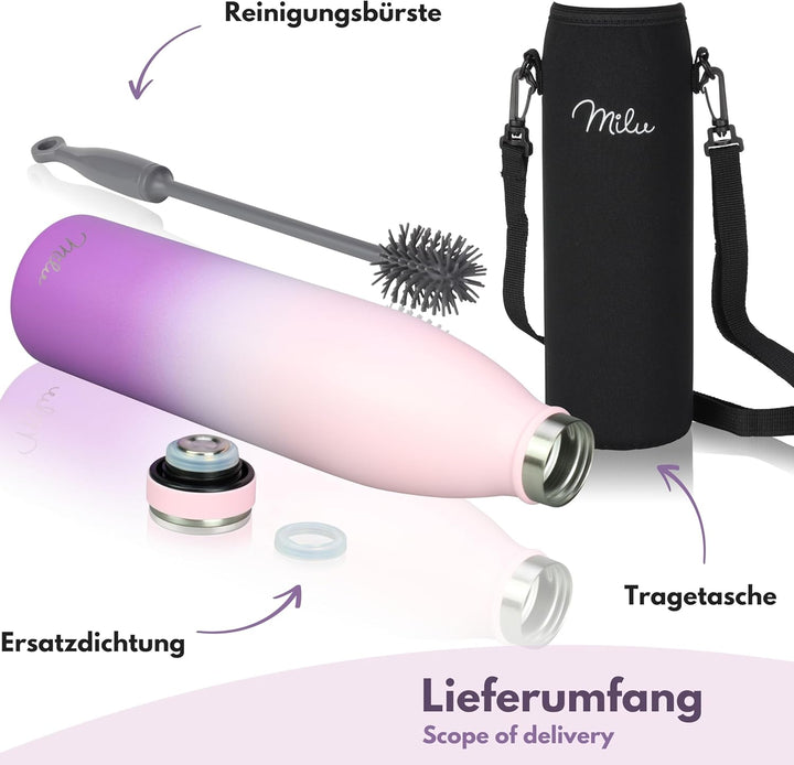 Milu Edelstahl Trinkflasche 350ml, 500ml, 750ml, 1L, 1,5L – Thermosflasche für Kinder Erwachsene aus