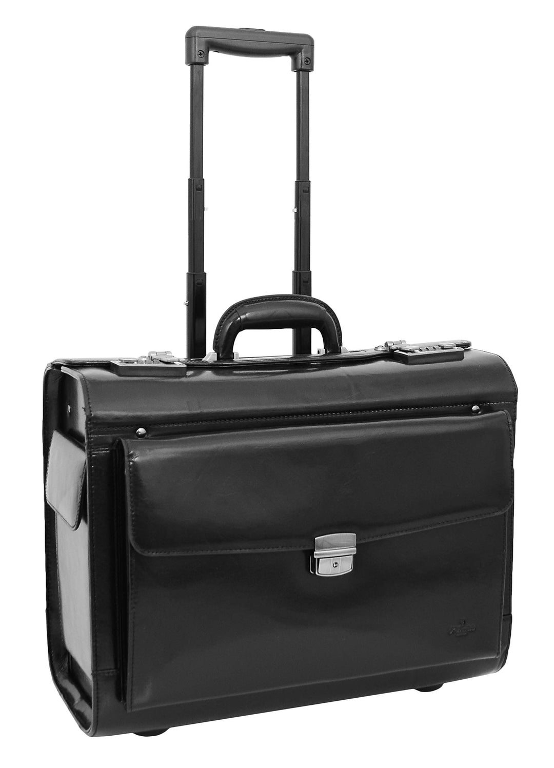 Pilotenkoffer aus echtem Leder mit Rollen, Schwarz