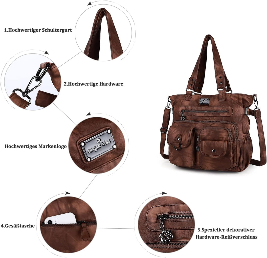 Angel Kiss Handtasche Damen Schultertasche Multifunktionale Umhängetaschen Gewaschenes Veganes Leder