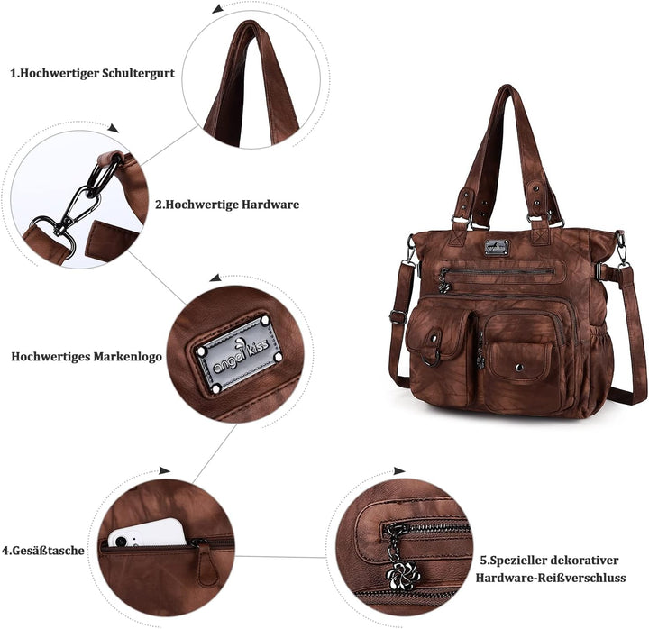 Angel Kiss Handtasche Damen Schultertasche Multifunktionale Umhängetaschen Gewaschenes Veganes Leder