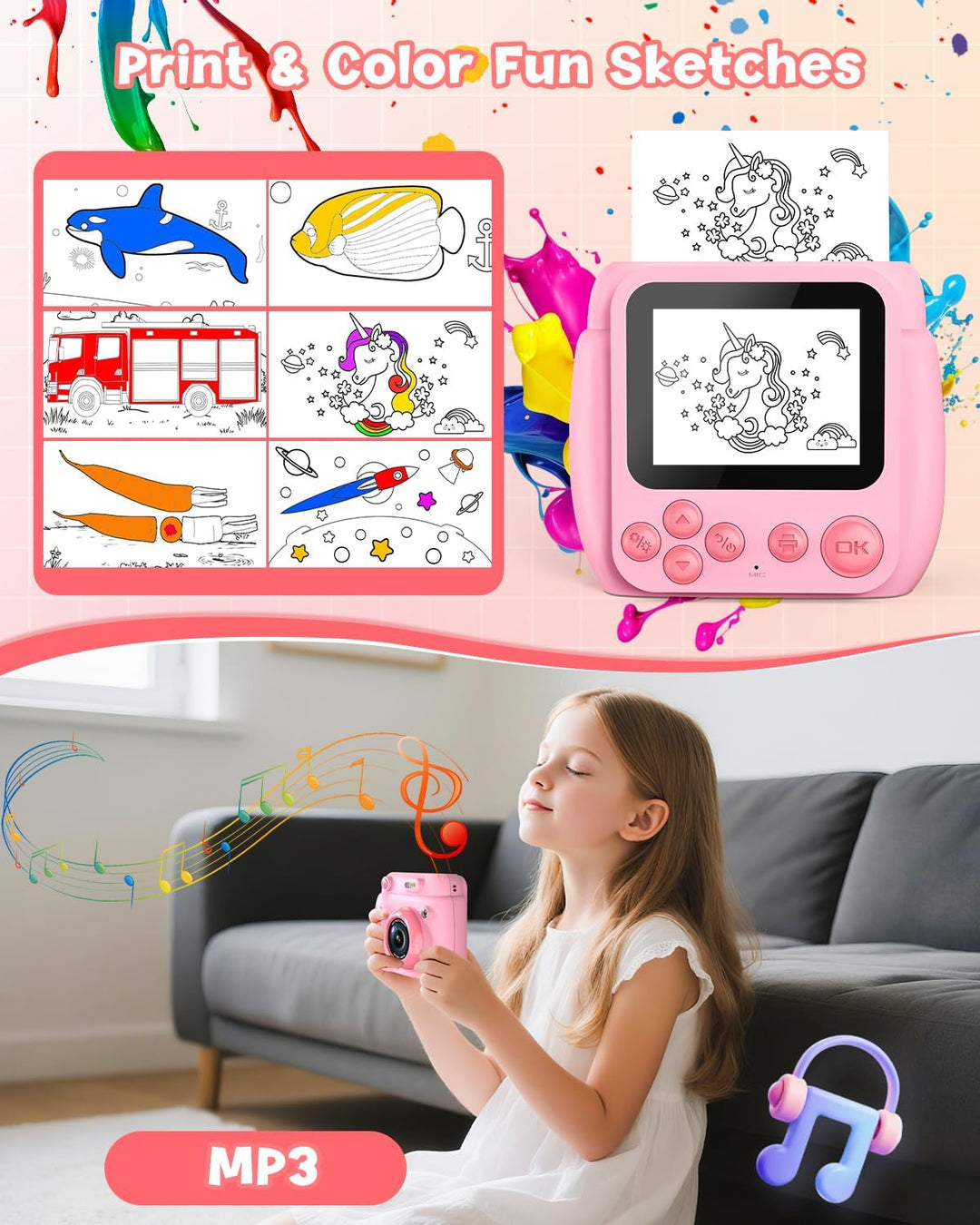 Gofunly Sofortbildkamera Kinder, 2.4 Zoll Bildschirm Kinderkamera Sofortbildkamera mit 32GB Karte &