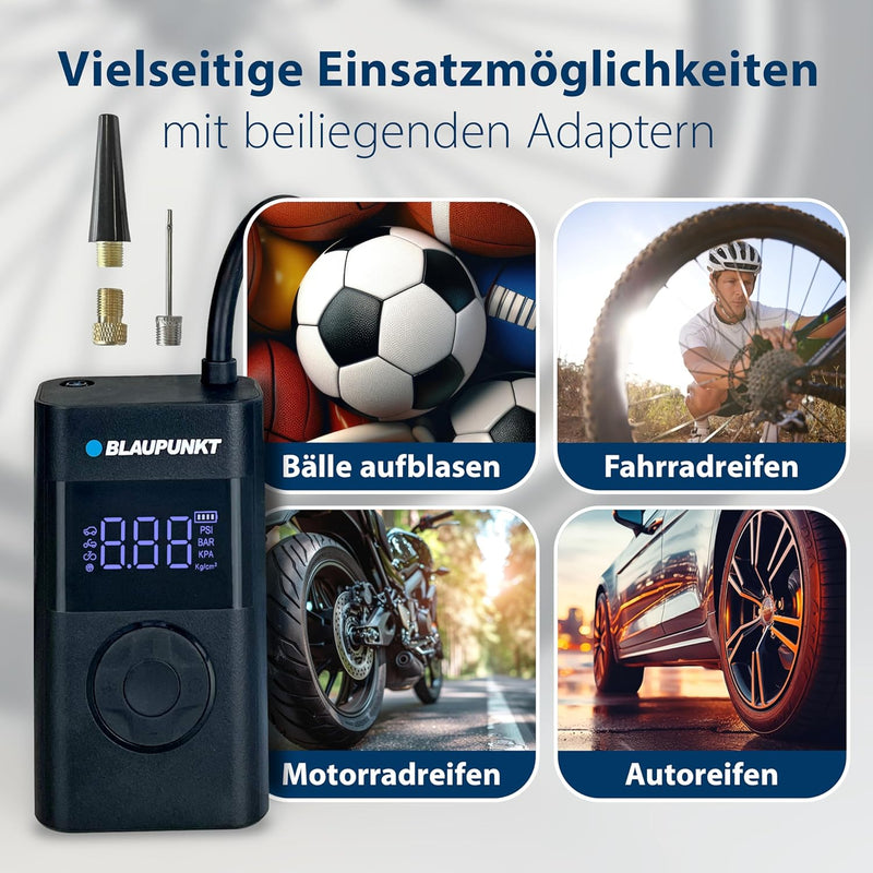 Blaupunkt Tragbare Akku-Luftpumpe TPM 124, Kompressor für Fahrräder, Motorräder, Auto & Bälle, mit P