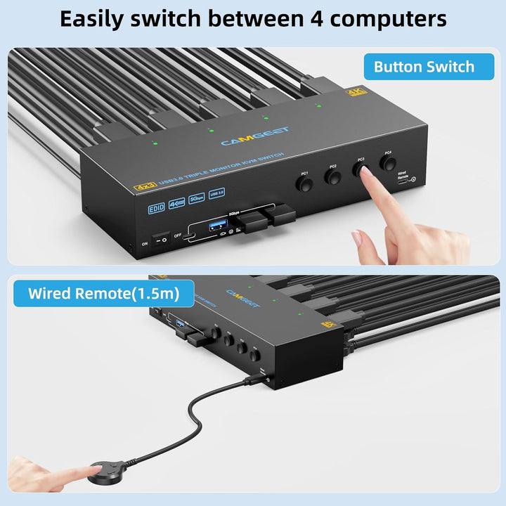 KVM Switch 3 Monitore 4 PC 4K@60Hz EDID Simulation,HDMI Displayport KVM Switch Triple Monitor für 4