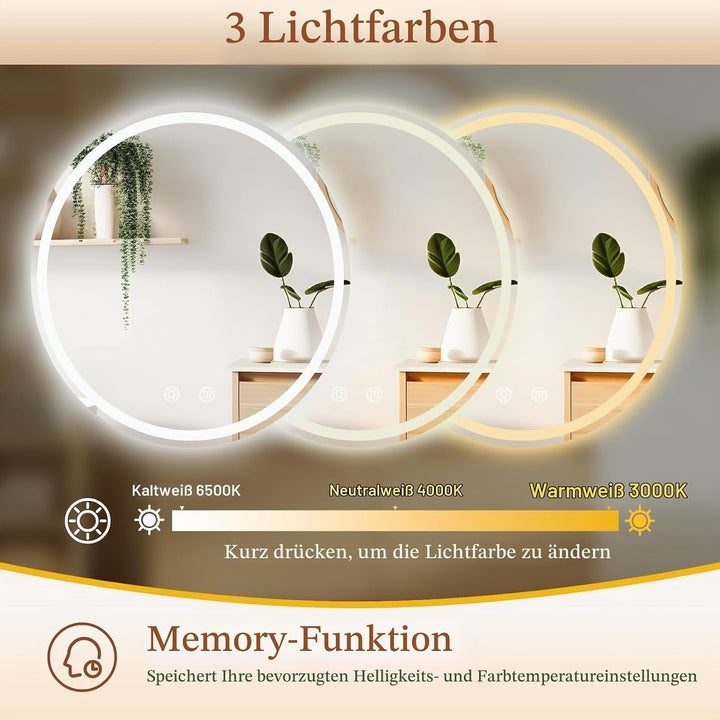 Clevich Badspiegel mit Beleuchtung Rund 80 cm, LED Spiegel mit 3 Lichtfarben Dimmbar, Gehärtetes Gla