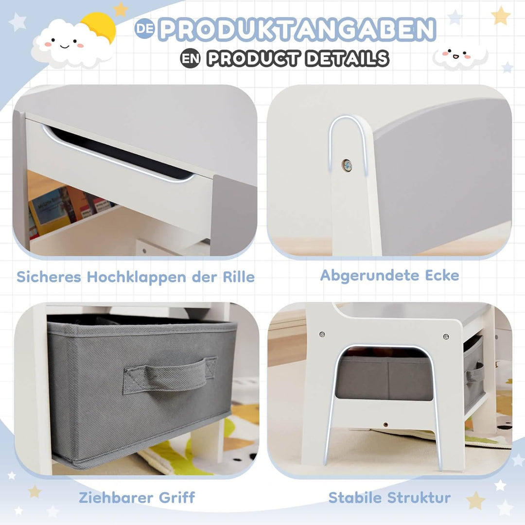 Yorbay Kindertisch mit 2 Stühle, Kindermöbel Set aus Holz mit Stauraum und Bücherregalen, 3 in 1 Mal
