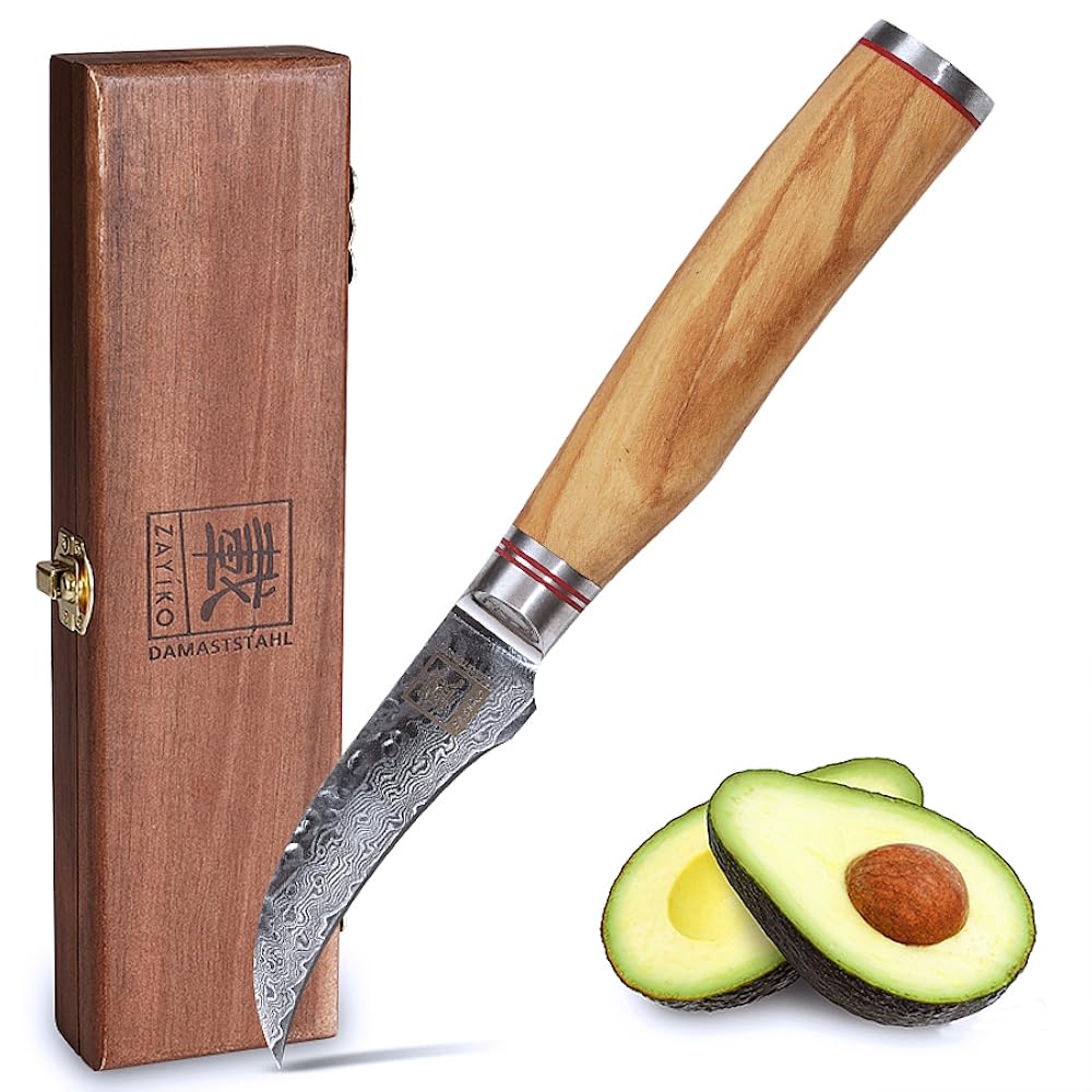 Zayiko Minami Olive Schälmesser 7 cm, 67 Lagen Damaststahl, VG-10-Stahlkern