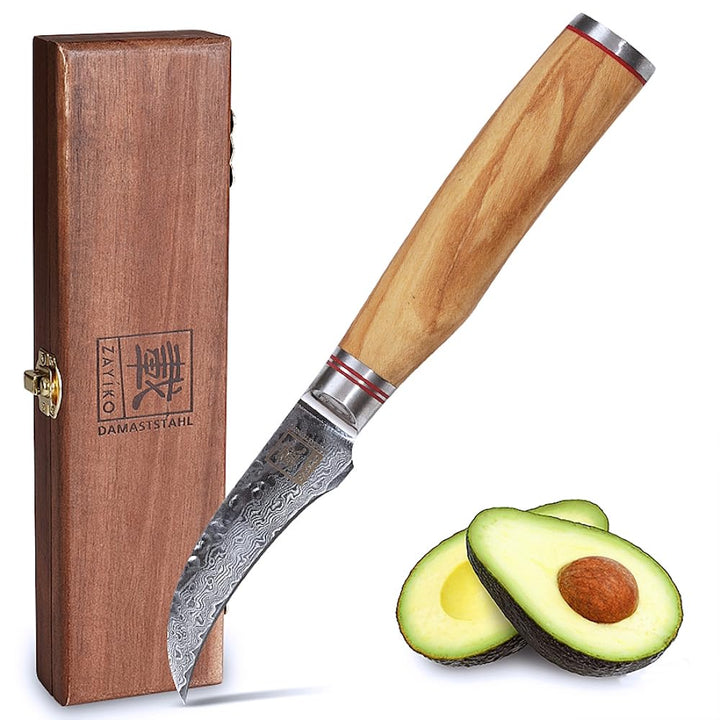 Zayiko Minami Olive Schälmesser 7 cm, 67 Lagen Damaststahl, VG-10-Stahlkern