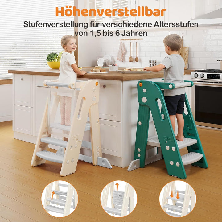 Lernturm für Kinder mit Sicherheitsgeländer, Lernturm Klappbar, Höhenverstellbar, Learning Tower mit