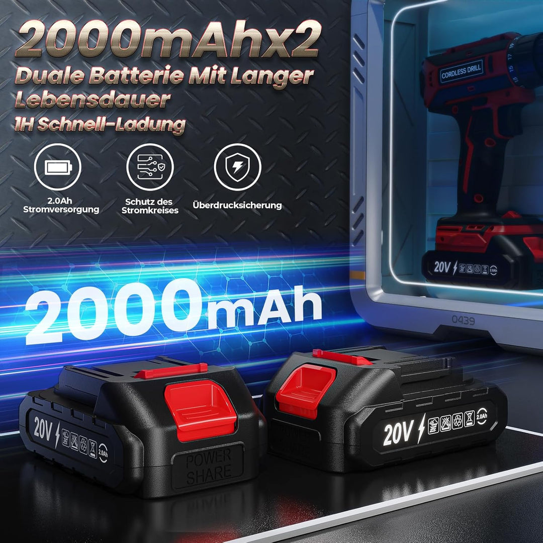 Akkuschrauber mit 2x 2000mAh Akkus, 20V Akku Bohrschrauber Set 42Nm Max, 2-Gang Akku-Bohrmaschine, K