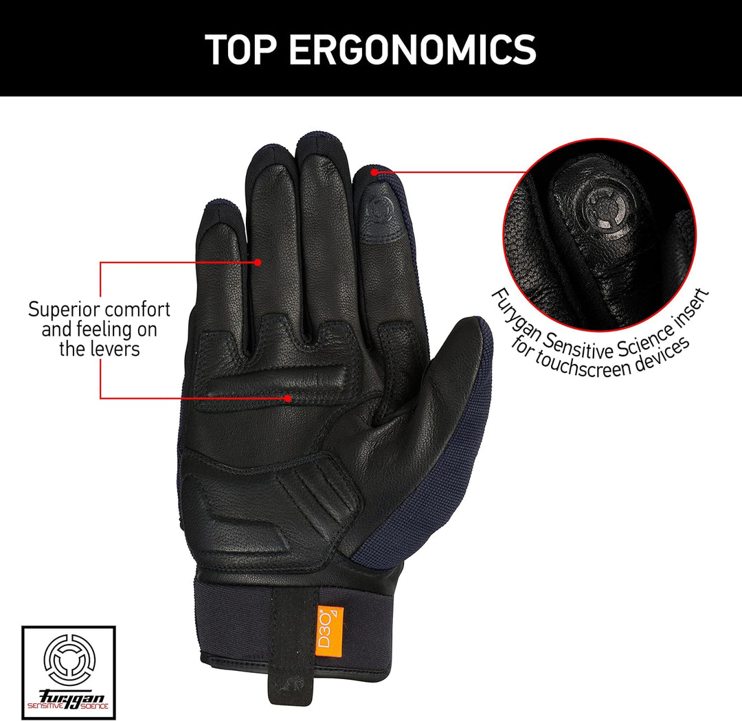 Furygan Jet D3O – Motorradhandschuhe für Herren – Handfläche 100% Leder – Touchscreen – Komfort – So