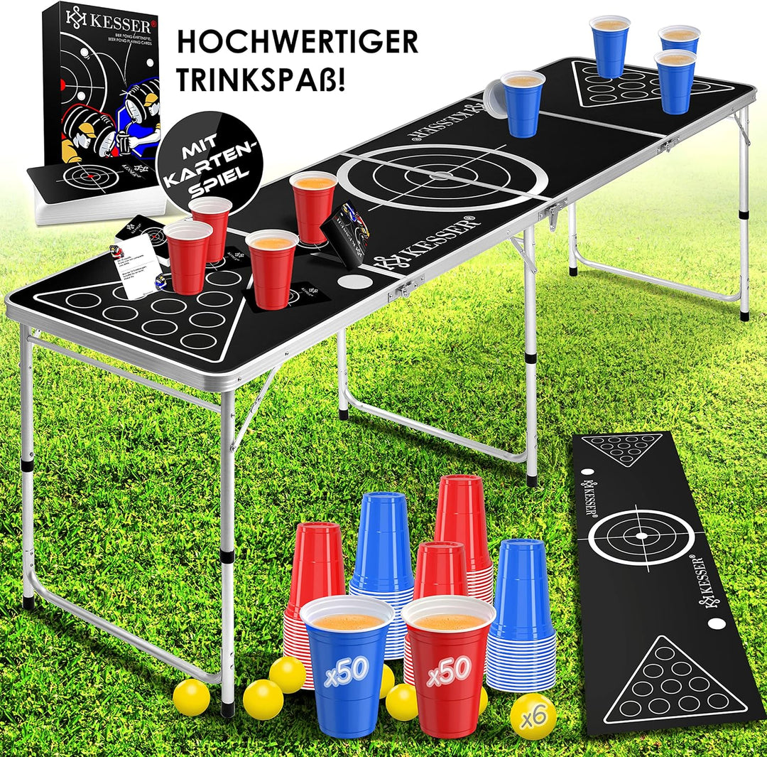 KESSER® Bier Pong Tisch Set mit Kartenspiel Trinkspiel - inkl. 100 Becher (50 Rot & 50 Blau), 6 Bäll