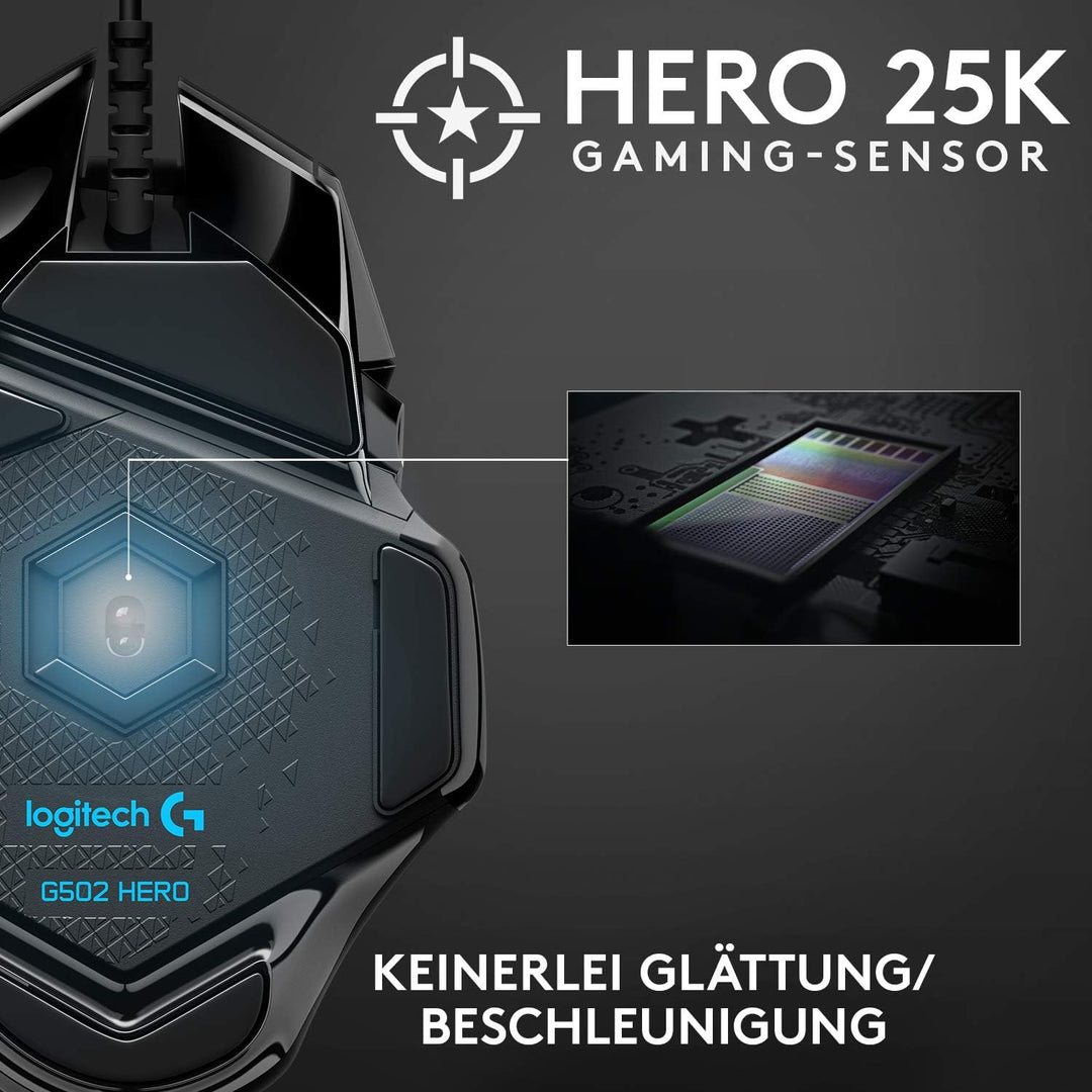 Logitech G502 HERO High-Performance Gaming-Maus mit HERO 25K DPI optischem Sensor, RGB-Beleuchtung,