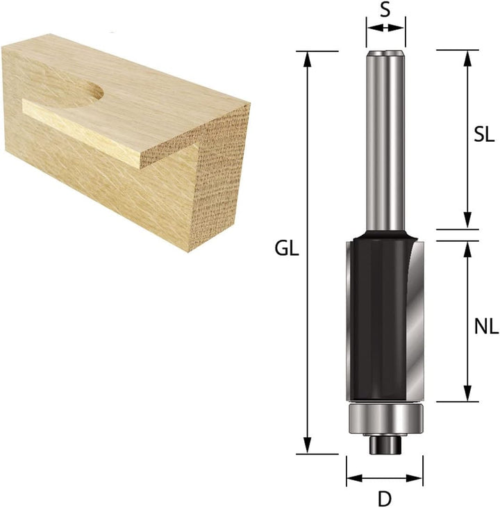 ENT 13560 Bündigfräser HW, Schaft (S) 6 mm, Durchmesser (D) 9,5 mm, NL 12,7 mm, GL 55 mm, SL 32 mm,