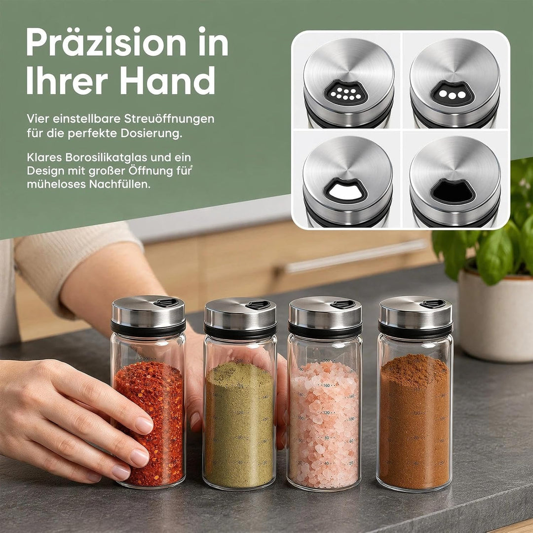 4 Stück 200ml Gewürzgläser mit Drehdeckel , Borosilikatglas Gewürzstreuer , 4-fach Verstellbare Stre